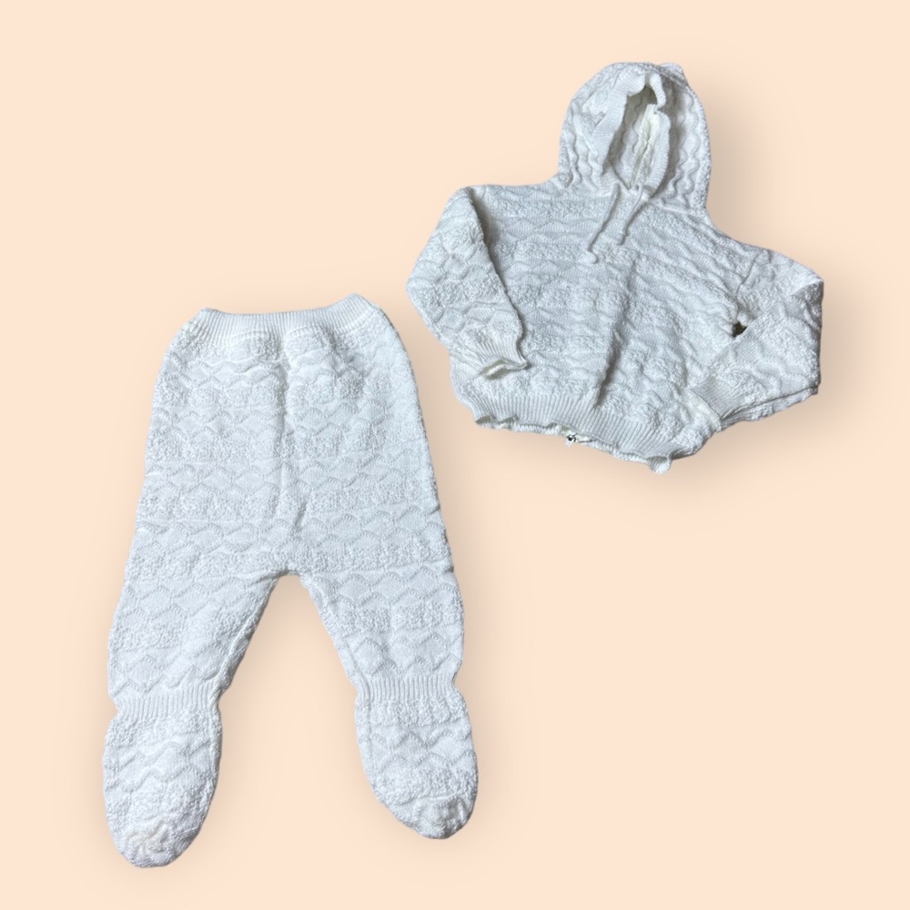 Vintage Baby White Knit Hoodie Zip Back Sweater And Footie Sweatpants